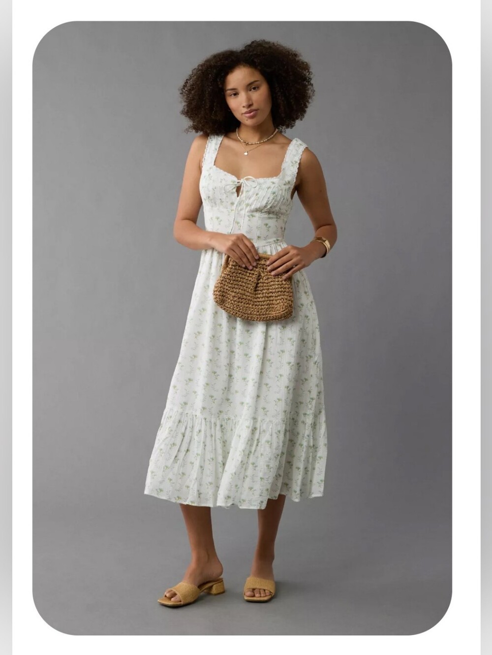 Floral Tie-Front Midi Dress in White and Green